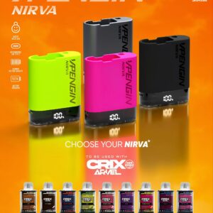 Vapengin Nirva Starter Kits 2ml Pod System - Colors including Black Eclipse and Laser Pink with flavors like Cocoa Vanilla, Corn, and Strawberry Mango
